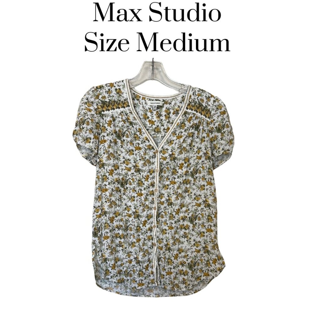 Max Studio Yellow Floral Boho feminine summer lightweight short sleeve rayon Med